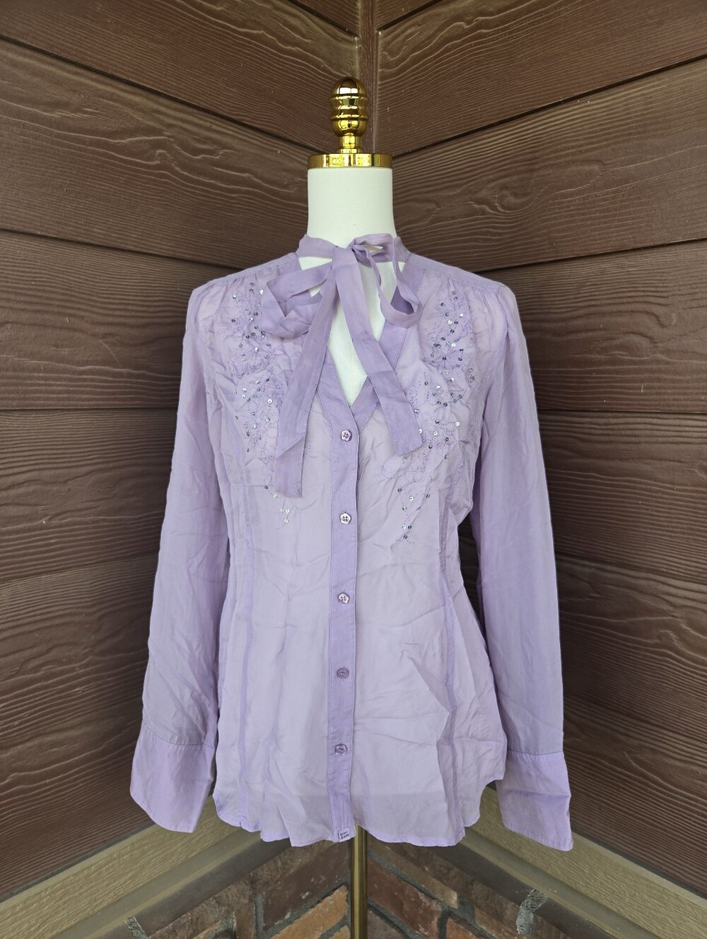 DKNY Jeans Purple Silk Sequin Bow‑Tie Blouse – Women’s Large NWOT
